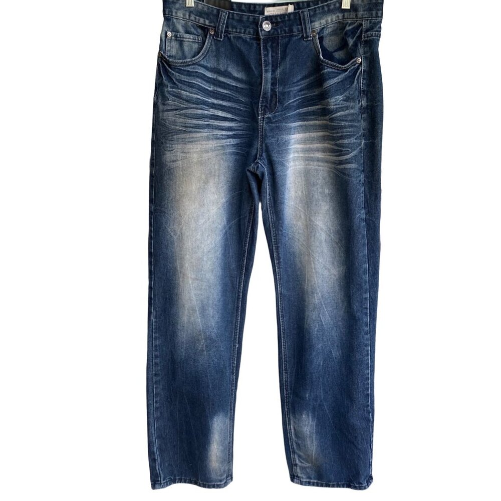 Chams Chelsea Slim Fit Jeans Men's Sz 34 Dark Wash Distressed Wide Leg Fit 36x33